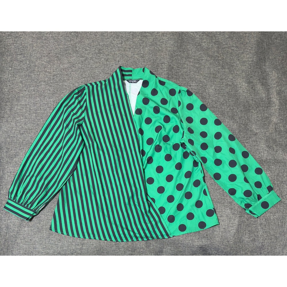 ChicMe Women's 2XL Blouse Green Black Polka Dot Striped Long Sleeve V-Neck